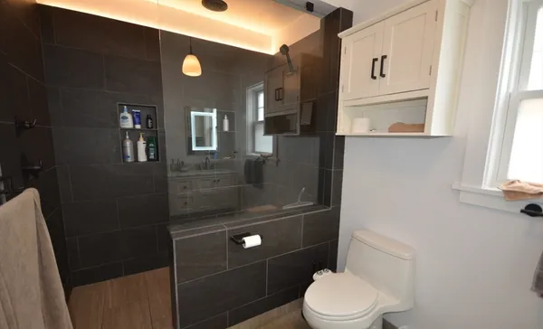 a bathroom with a toilet and a shower