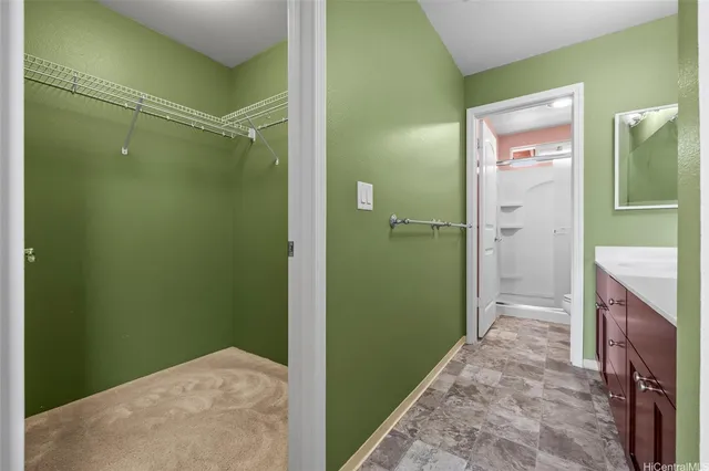 a bathroom with a double vanity sink mirror and shower