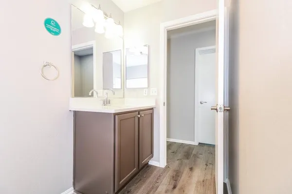 a bathroom with a sink vanity and a mirror