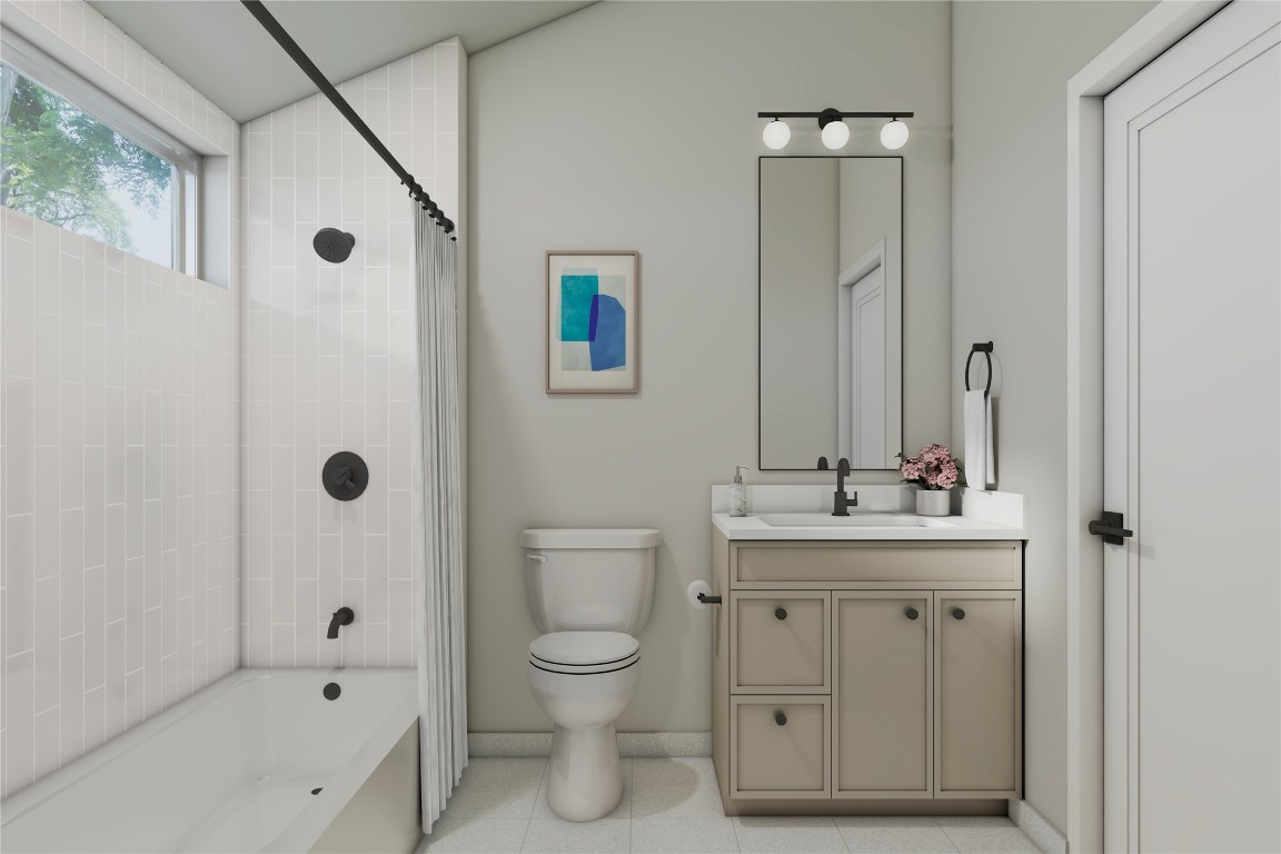 1180 Lott Avenue Austin, TX 78721 - Photo 34 of 40 a bathroom with a toilet a sink a mirror a shower a vanity and window