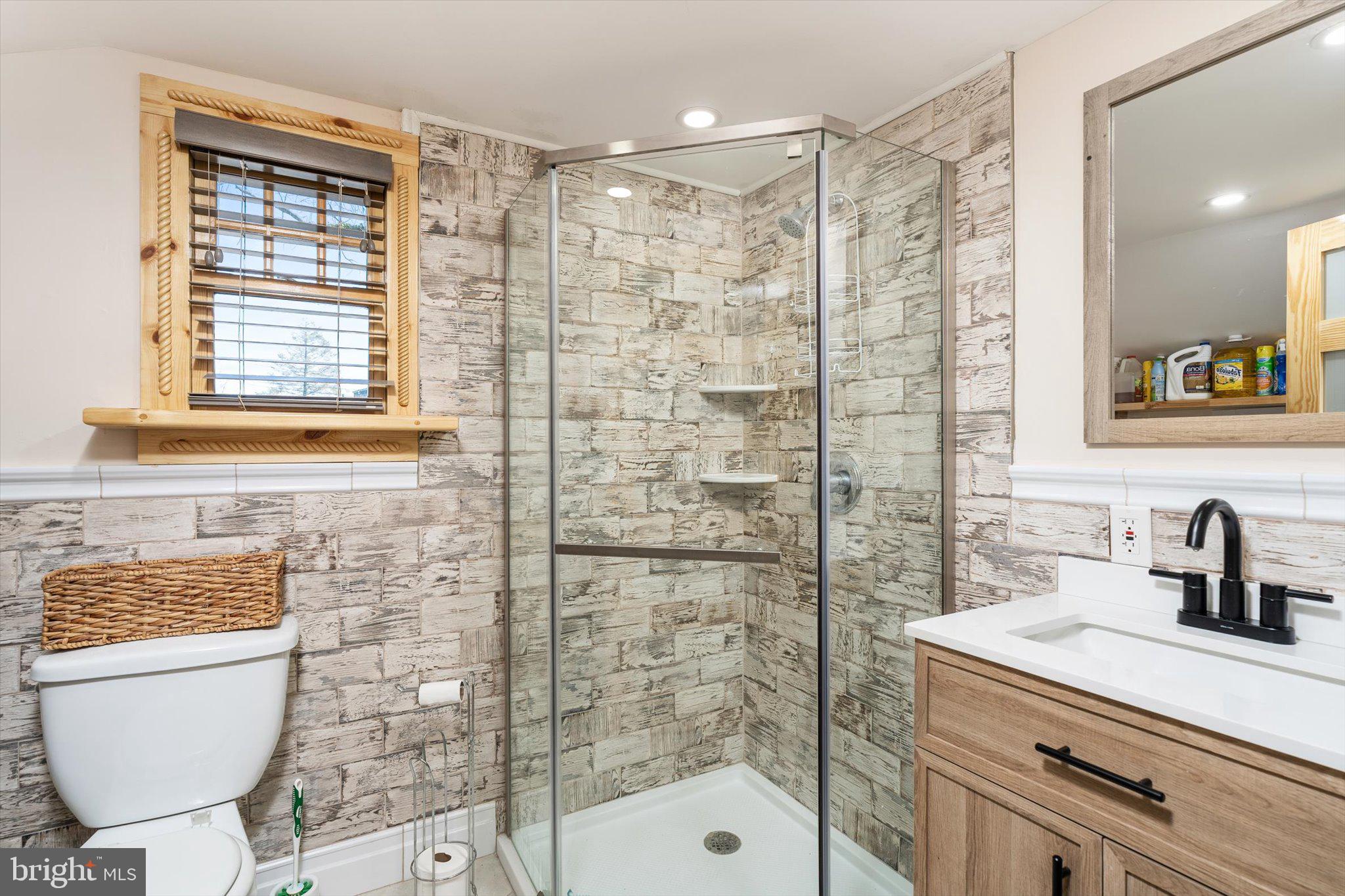 1387 Monmouth Road Mount Holly, NJ 08060 - Photo 15 of 31 a bathroom with a shower a sink a toilet and mirror