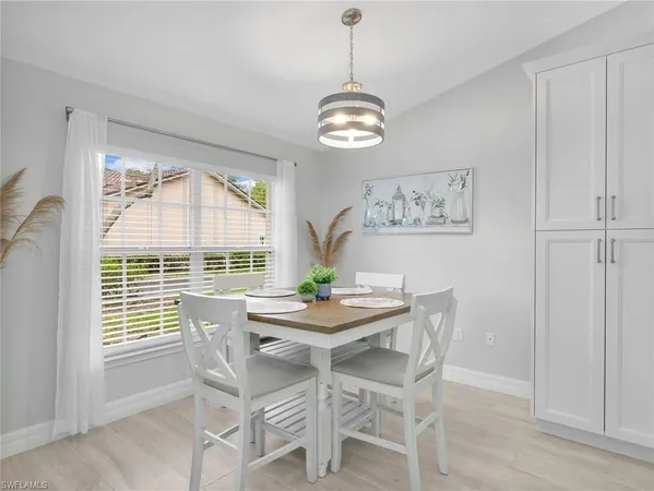 a view of a dining room with furniture window and outside view