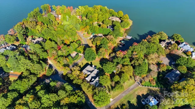 an aerial view of a house with garden space and trees