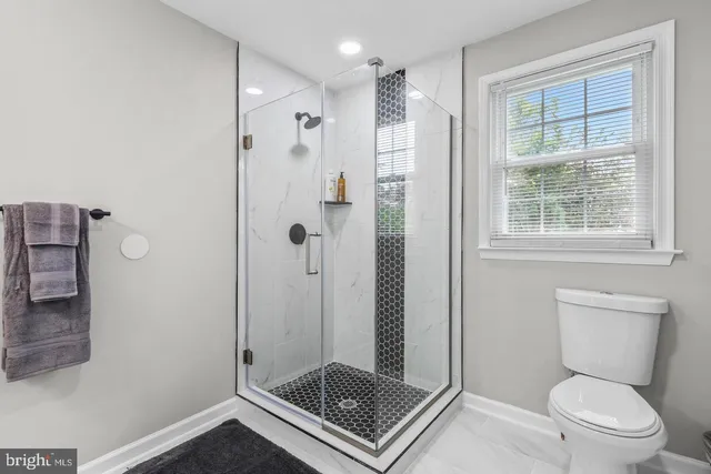 a bathroom with a shower a toilet and a window