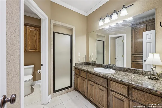 a bathroom with a granite countertop sink a large mirror and a shower