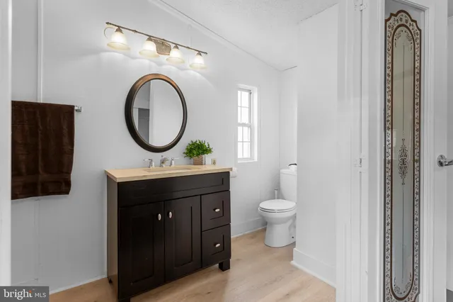 a bathroom with a toilet a sink and a mirror