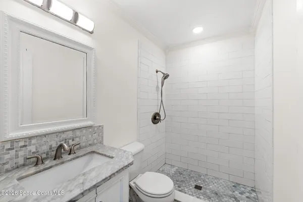 a bathroom with a granite countertop sink toilet and shower