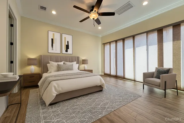 a bedroom with a large bed couch and a window