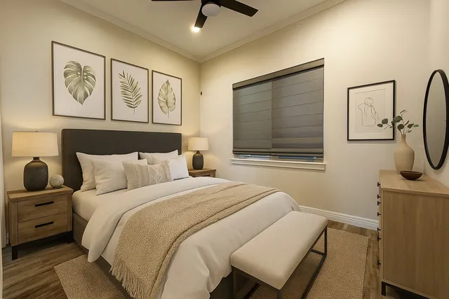 a bedroom with a bed and a window