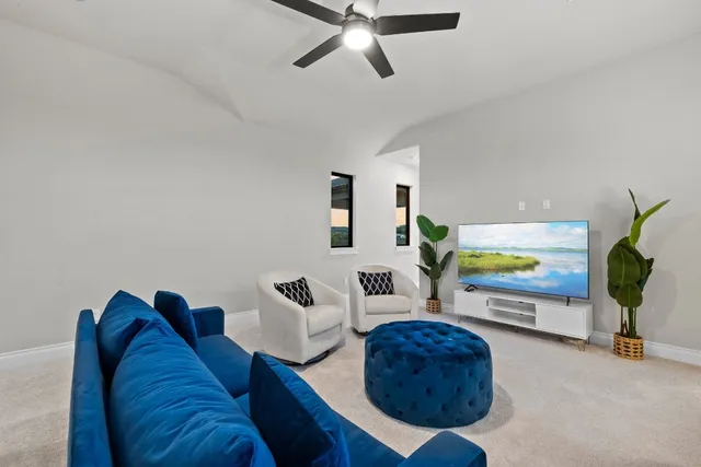 a living room with furniture and a potted plant