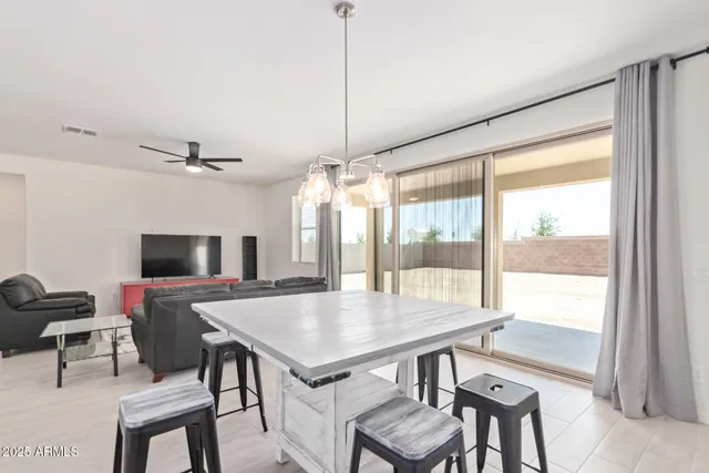 a view of a dining room with furniture window and outside view