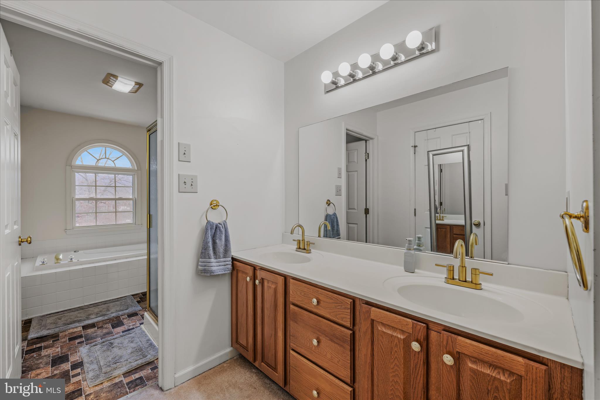 2509 Highland Ridge Road Berkeley Springs, WV 25411 - Photo 29 of 68 a bathroom with a tub a double vanity sink and a mirror