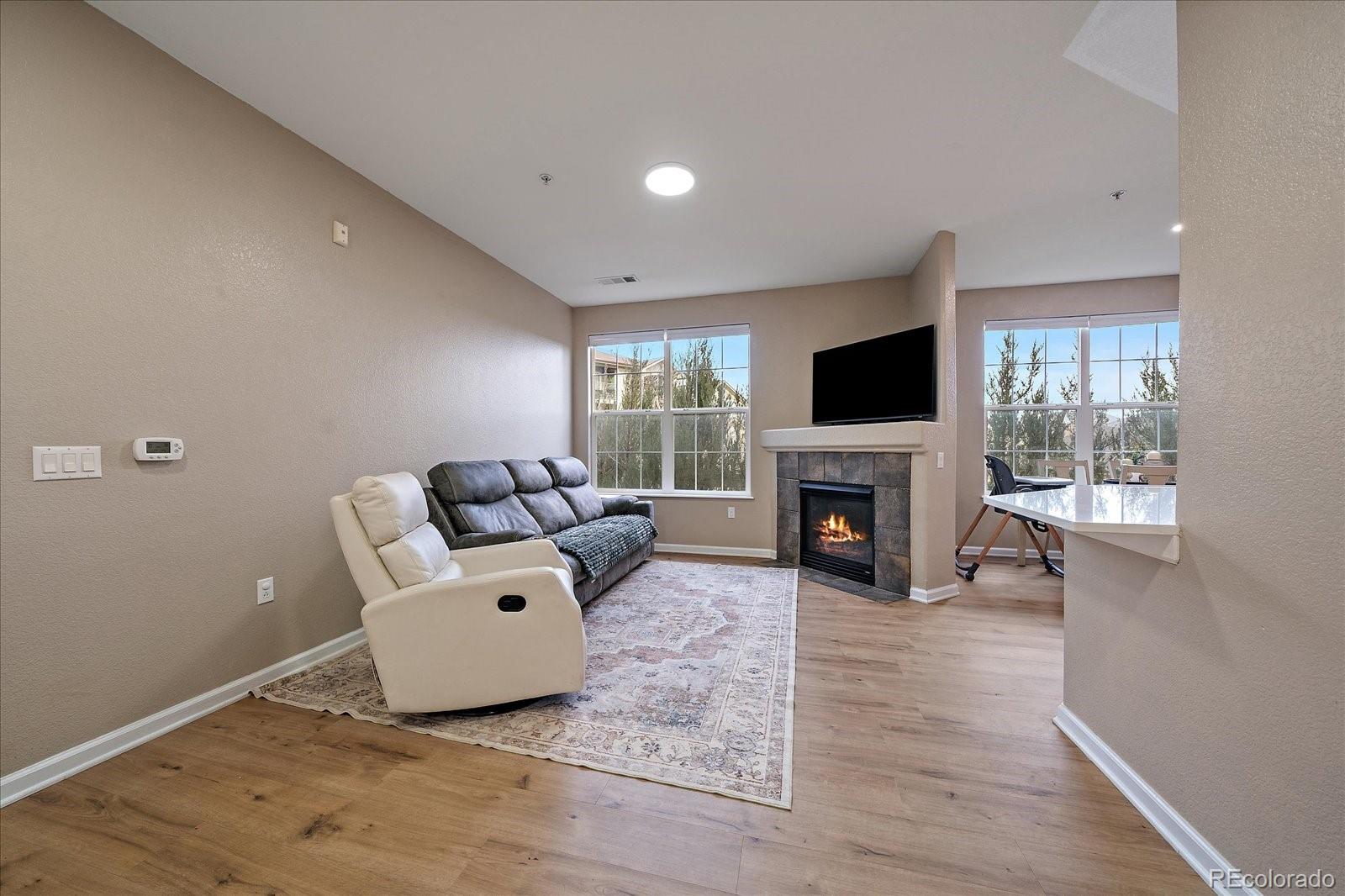 18611 Stroh Road, Unit 5102 Parker, CO 80134 - Photo 6 of 21 a living room with furniture a fireplace and a flat screen tv