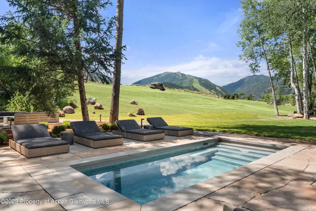 a view of swimming pool with a patio and ocean view
