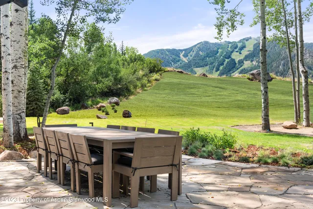 a view of a backyard with couches under an umbrella