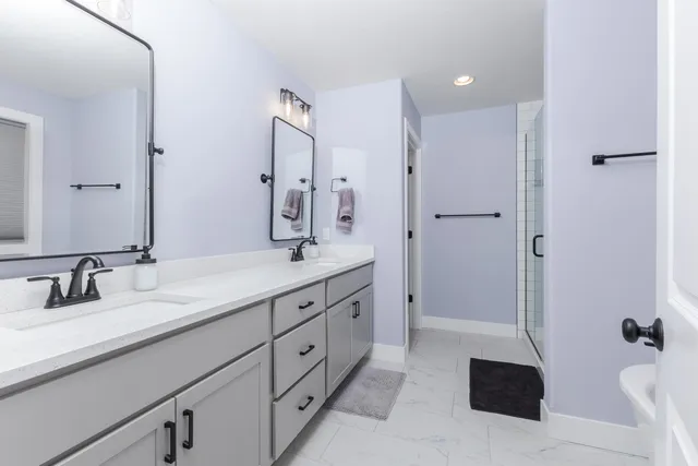 a bathroom with a double vanity sink a toilet a mirror and shower