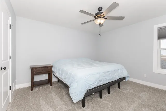 a bedroom with a bed and a ceiling fan