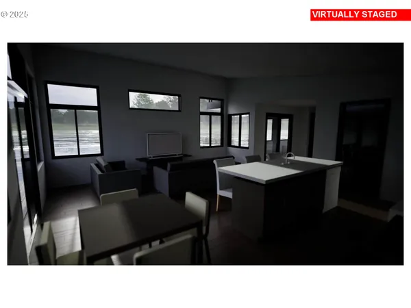 a open kitchen with a table and chairs