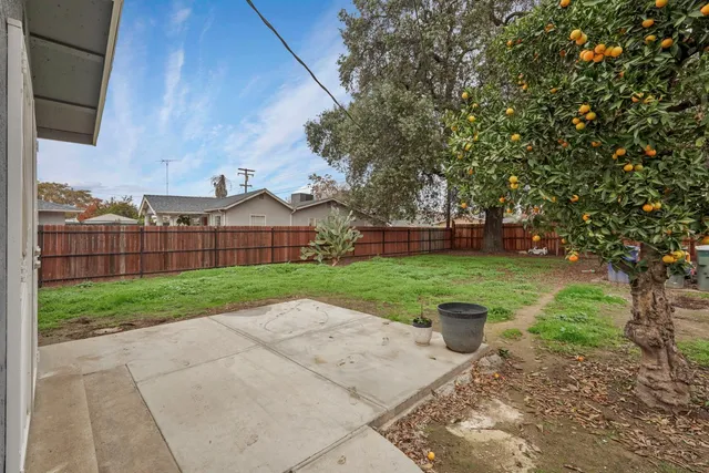 a view of a house with backyard and tree