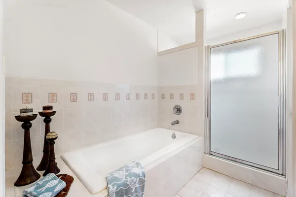 a bathroom with a bathtub and a shower