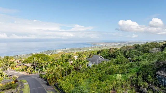 an aerial view of residential house with outdoor space and trees all around