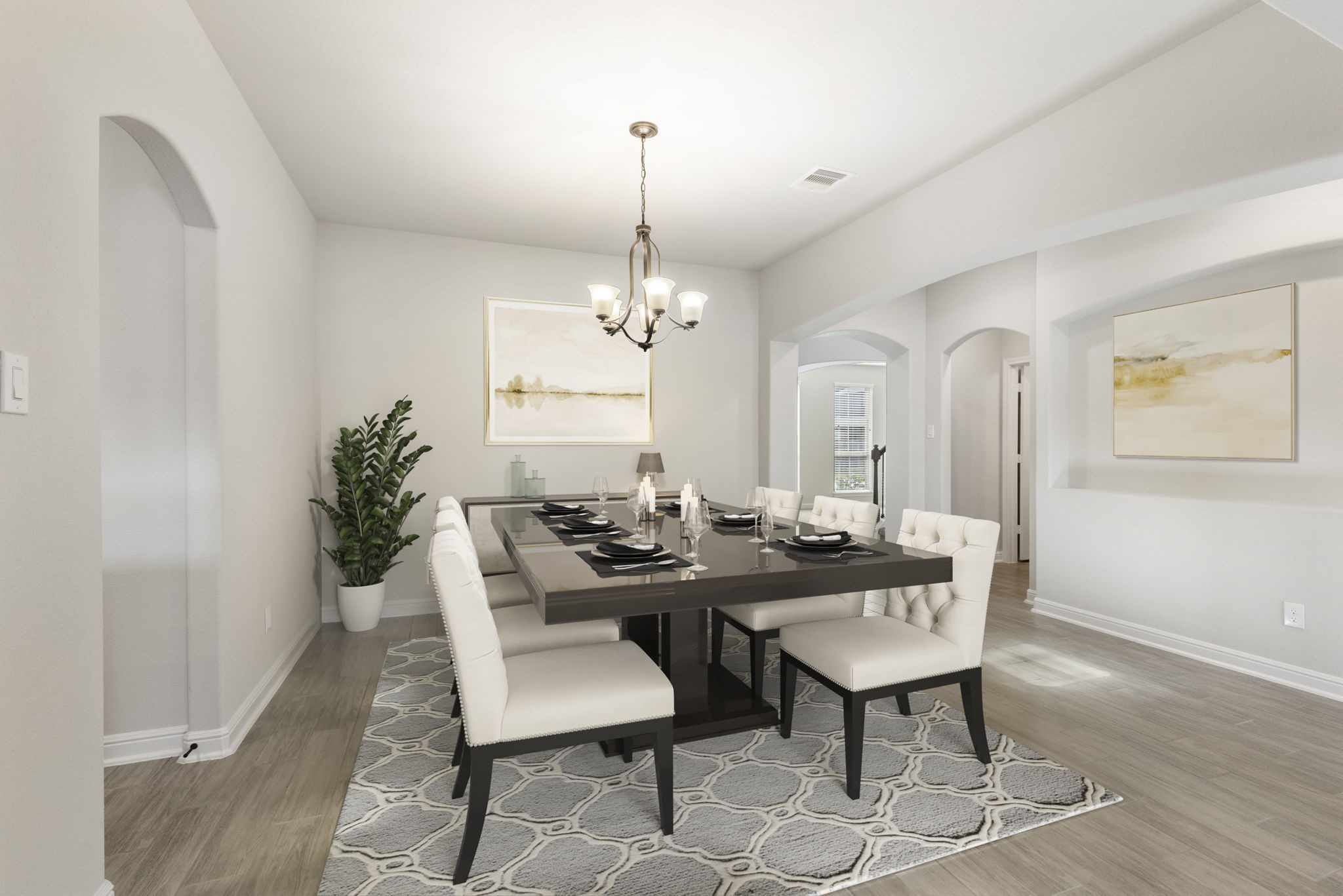 2819 Bradbury Hills Road Spring, TX 77373 - Photo 14 of 50 Experience the elegance of this virtually staged dining room, featuring a sophisticated table setting, plush seating, and a stylish chandelier, all set in a bright, airy space perfect for entertaining.