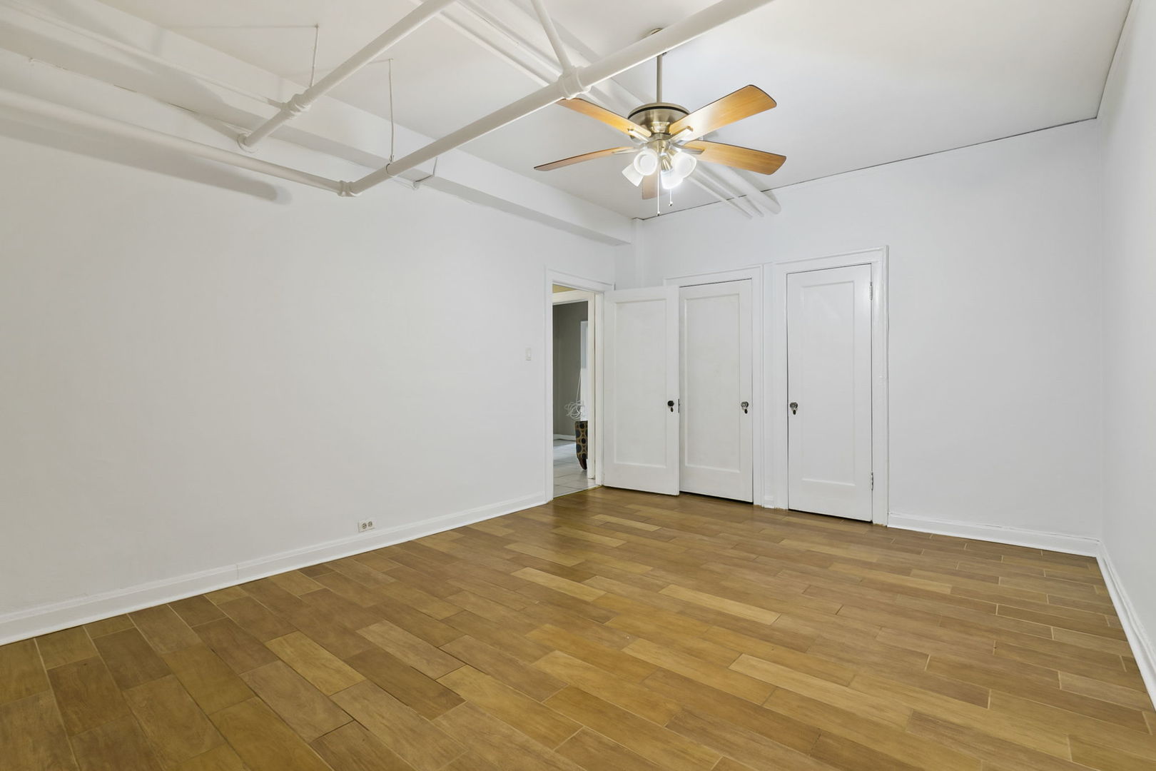 1360 East Madison Park, Unit B Chicago, IL 60615 - Photo 14 of 25 an empty room with a ceiling fan and wooden floor