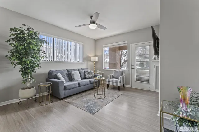a living room with furniture and a potted plant