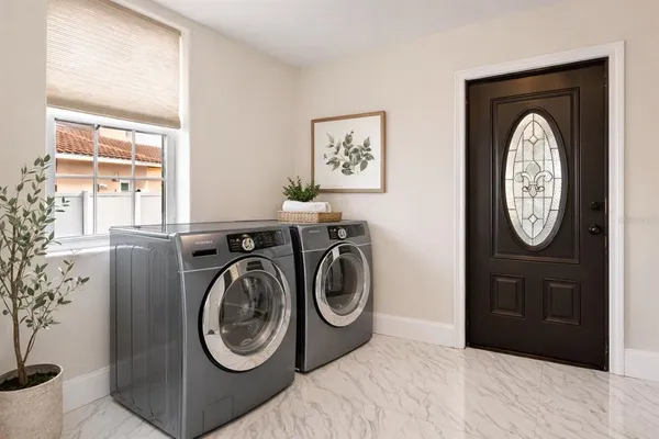 a view of a storage & utility room with a window