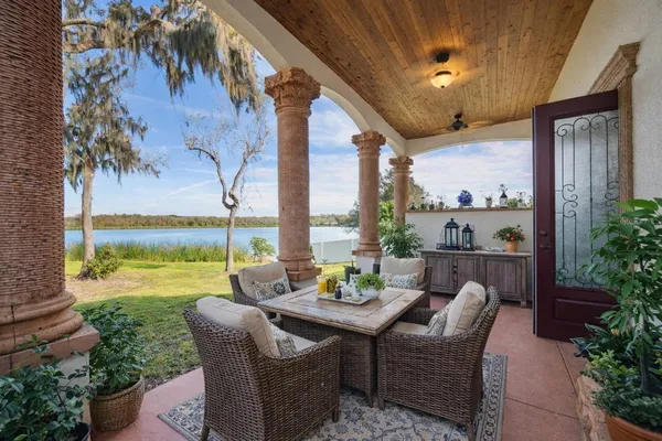 a view of a patio with couches potted plants and a large tree