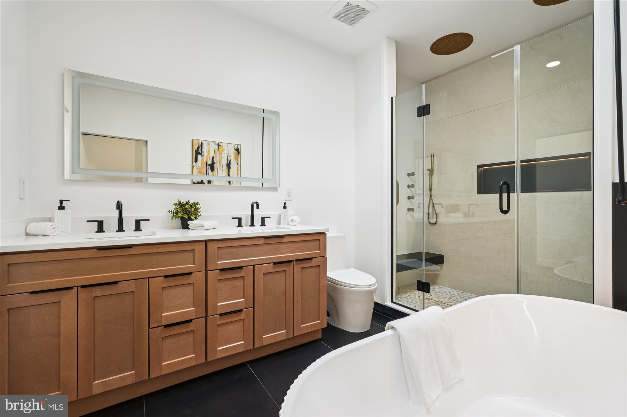951 Shepherd Street Northwest Washington, DC 20011 - Photo 40 of 74 a spacious bathroom with a double vanity sink a mirror and a shower