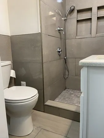 a bathroom with a toilet and a shower