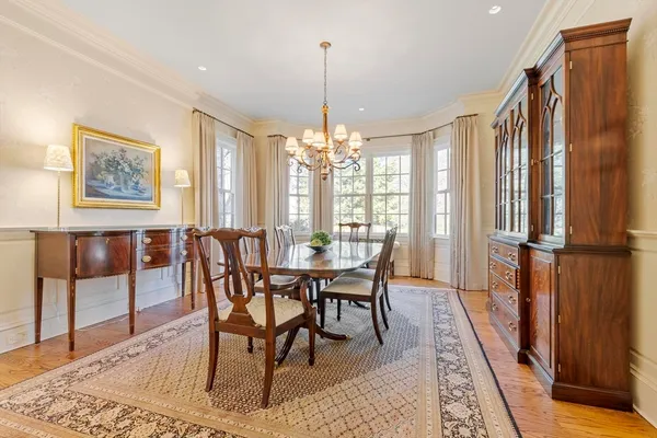 a view of a a dining room with furniture window and wooden floor
