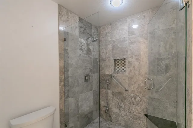 a bathroom with a shower and toilet