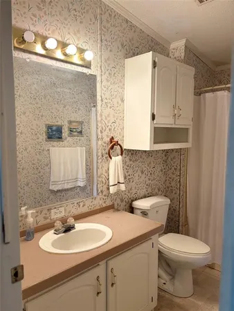 a bathroom with a sink toilet and mirror