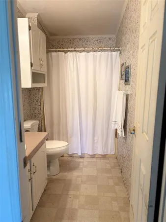 a bathroom with a sink a toilet and shower curtain