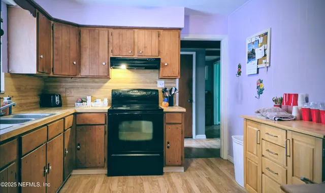 a kitchen with a cabinets and appliances
