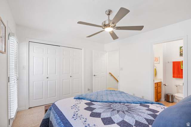 732 North 200 E Street Springville, UT 84663 - Photo 18 of 36 Carpeted bedroom featuring a ceiling fan with integrated lighting, a double-door closet, and window with blinds