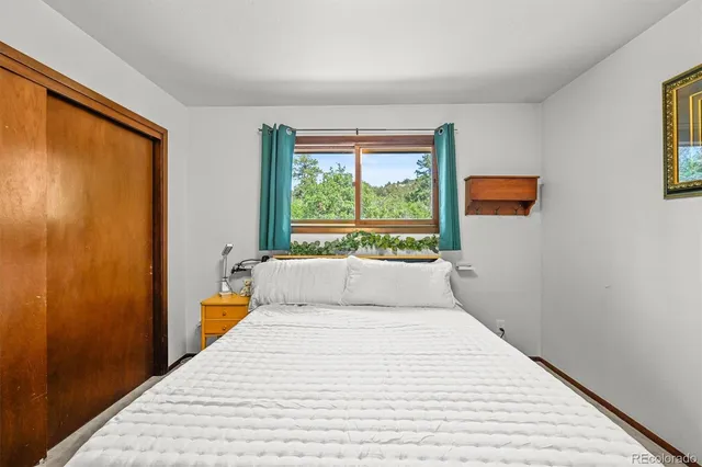 a bedroom with a large bed and a window