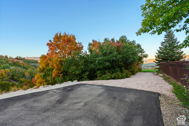 5878 Snowbasin Road Huntsville, UT 84317 - Photo 59 of 90 Paved surface with a gravel border, featuring mature trees and a distant mountain landscape