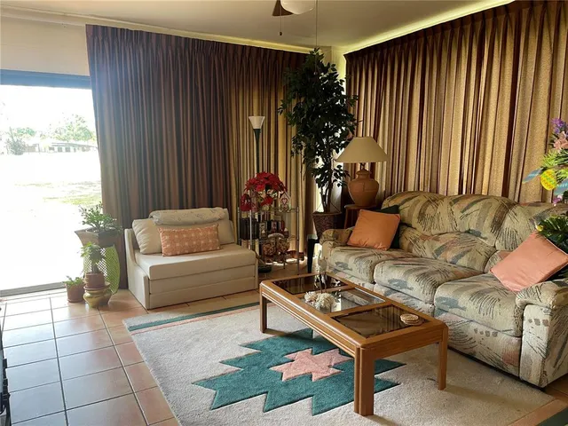 a living room with furniture and a potted plant