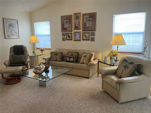 a living room with furniture and a lamp