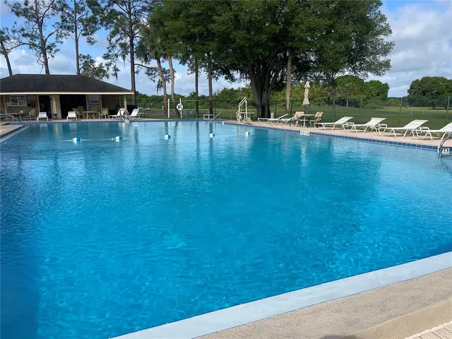 a view of a swimming pool with an outdoor seating and a garden