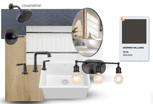 a bathroom with a tub and a mirror