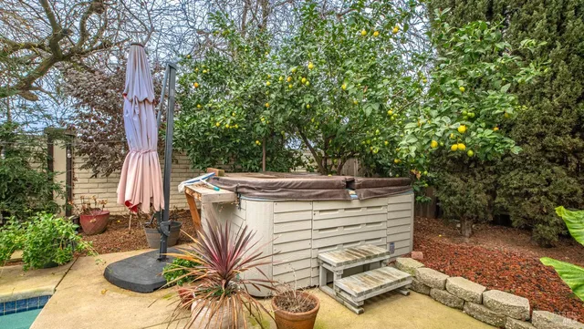 a view of a patio with table and chairs potted plants and tree