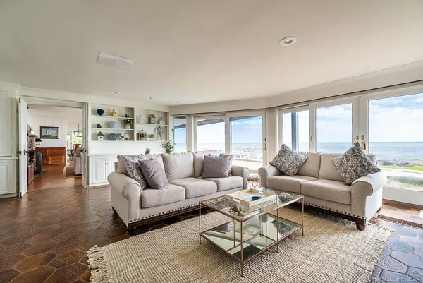 a view of a dining room with furniture