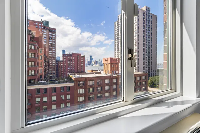 a city view with tall buildings