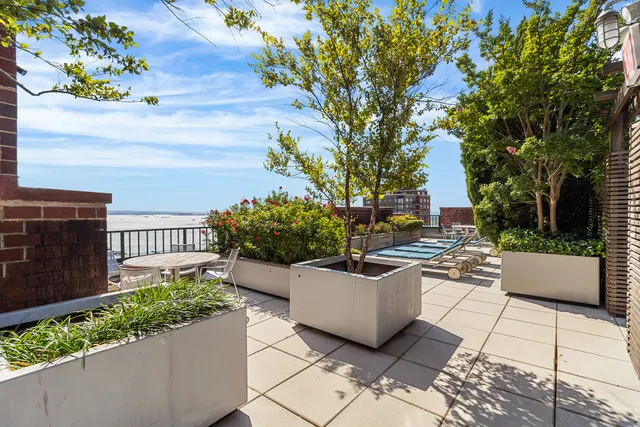 a view of a patio with couches and table and chairs and potted plants