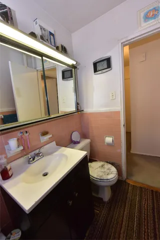 a bathroom with a sink a toilet a mirror and vanity