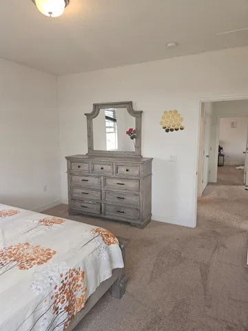a bedroom with a bed and a cabinets